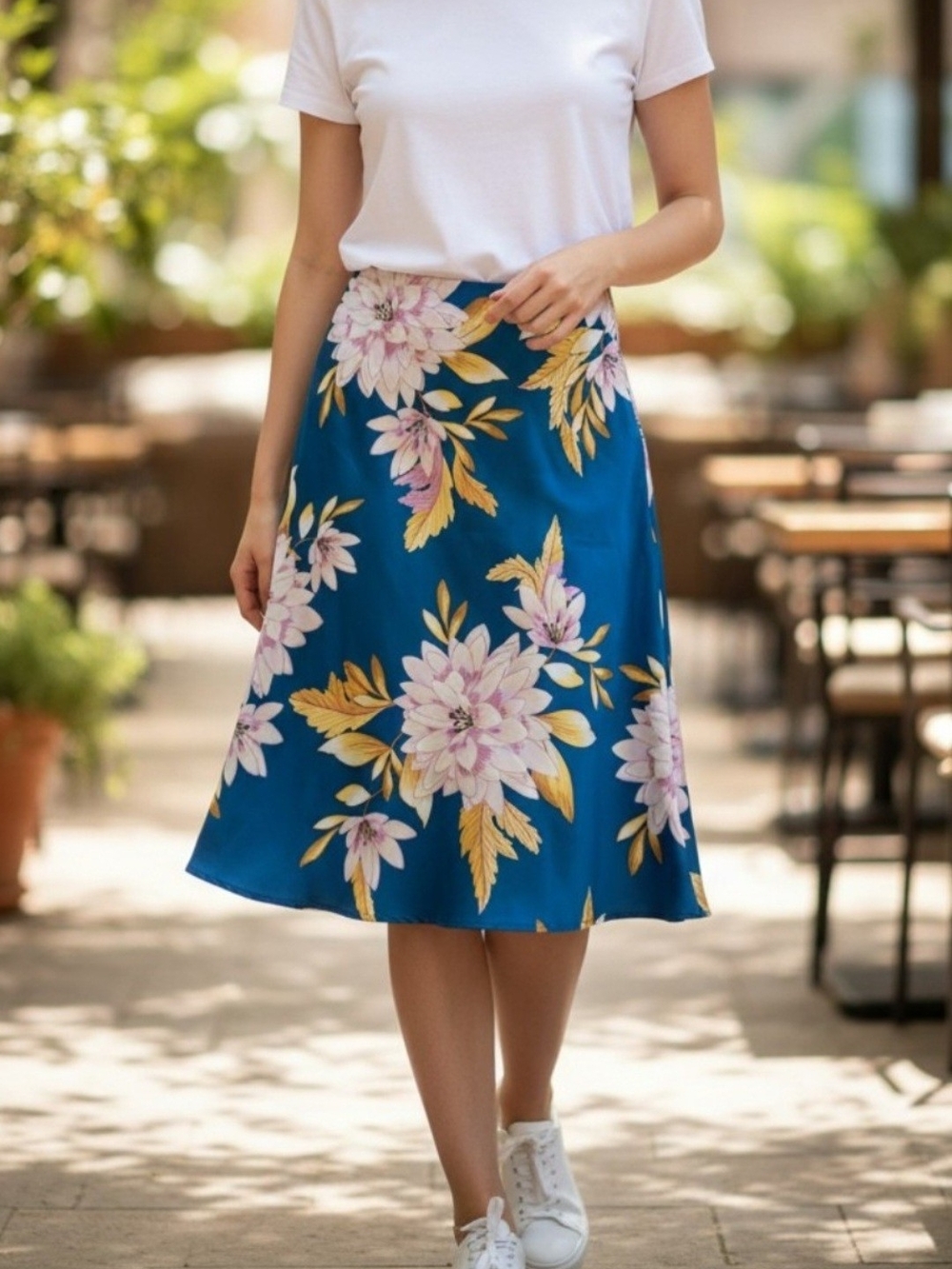 Forever 21 Teal Blue Floral Midi Skirt with Pink & Gold Accents - Picture 1 of 3